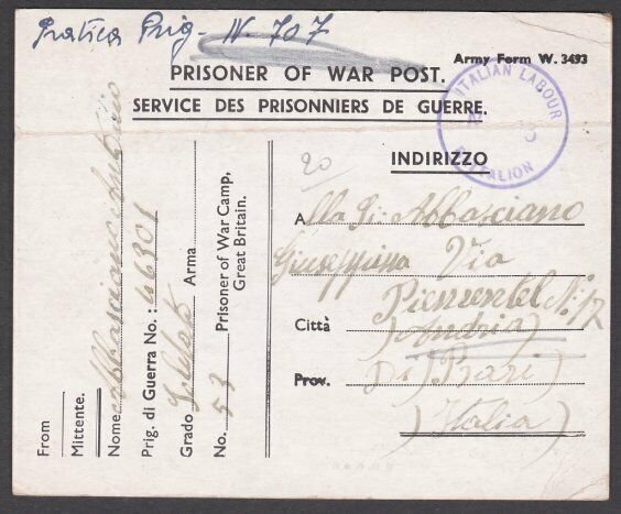 GB 1945 POW Postcard ex Camp 53 - Sandbeds Camp - Italian Labour Battalion..N139