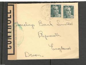 1945 France SC#536 Civil Censor Cover Ouistrham - Plymouth England VF