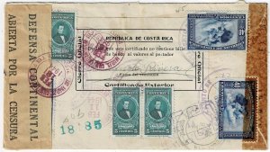 Costa Rica 1944 Cartago cancel on registered cover to the U.S., dual censor tape