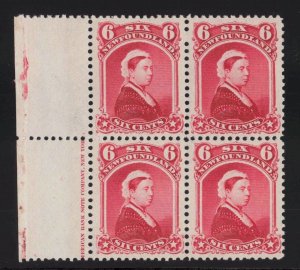 Newfoundland Sc #36 (1894) 6c carmine lake Victoria Block of 4 Mint VF NH