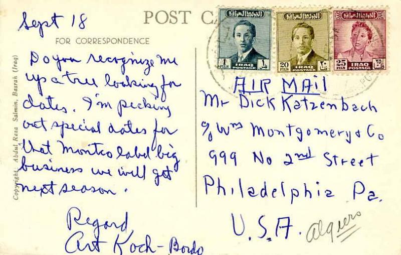 Iraq 1f, 20f and 25f King Faisal II 1954 Post Basrah PPC Airmail to Philadelp...