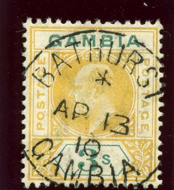 Gambia 1909 KEVII 3s yellow & green very fine used. SG 85. Sc 64.