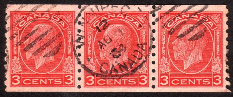 1933, Canada 3c, George V, Used strip of 3, Winnipeg CDS, Sc 207