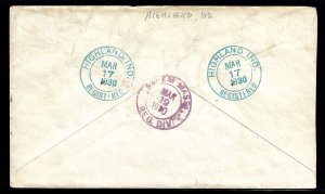 WCstamps: U.S. Loso #541 - 1930 Shamrock Fancy Cancel Reg. Cover, Highland, IN