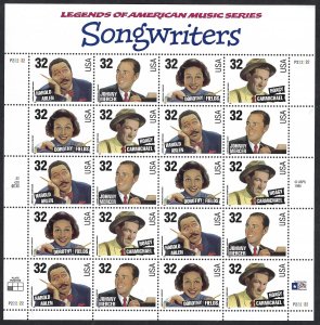 United States #3100-3103 32¢ Songwriters (1996). Full mini-sheet. MNH