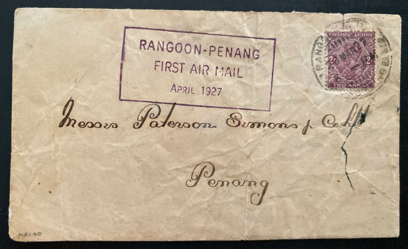 1927 Ragoon Burma India First Flight Airmail Cover FFC To Penang Malaya