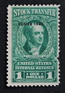 US #RD297 MNG Thin & Perf. Fault REVENUE DATED GREENS $1.00 Stock Transfer 1949