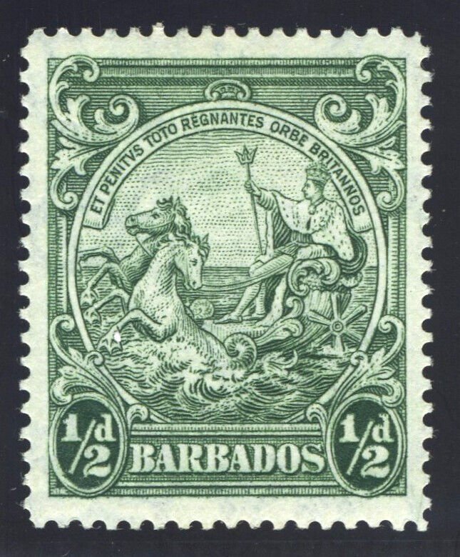 Barbados 1938 ½d green (p14 - L) MLH. SG 248b. Sc 193b.