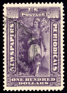 US PR125 $100 Newspaper 1896 Indian Maiden DL watermark PSAG grade 90 used