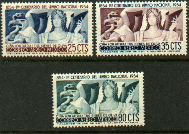 MEXICO C224-C226, CENTENARY OF THE NATIONAL ANTHEM, SET OF 3. MINT, NH. VF.