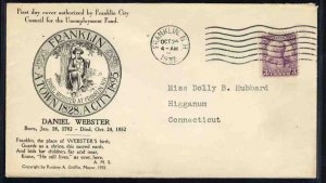 United States First Day Covers #725-2a Cat$25, 1932 3c Daniel Webster, R.A. G...