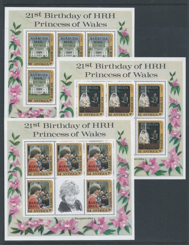 Barbuda #544-6 NH Diana 21st Birthday Ovpt. Barbuda (Sheetlets of 5)