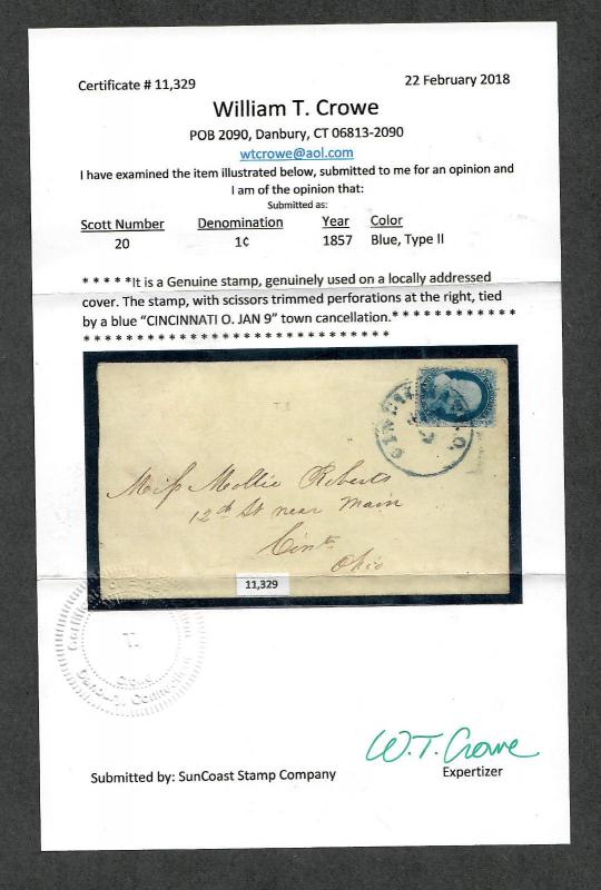 US Sc#20 Type II On Cover Cincinnati OH, Crowe Cert., Cv. $325