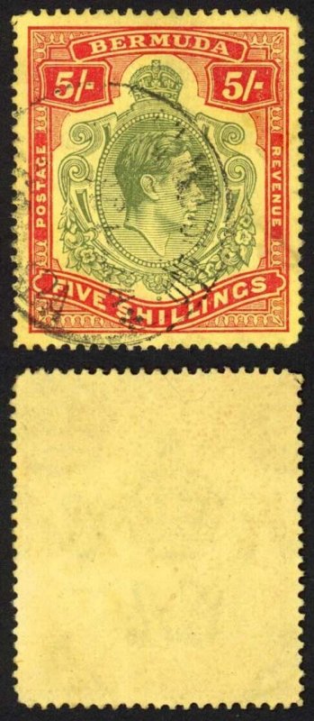 Bermuda SG118b KGVI 5/- Pale Green and Red/yellow Line Perf 14.25 (Ref 39)