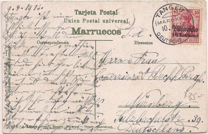 German Morocco 1913 PPC w/message picture of Puerta del Soco Grande Tanger (bae)