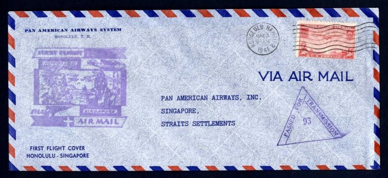 # C22 Censored First Flight FAM 14, Honolulu to Singapore - 5-5-1941