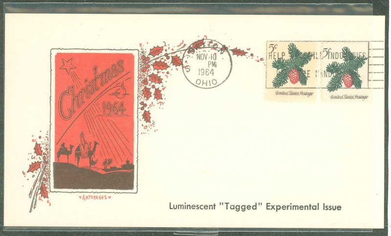 US 1257/1257a Christams, Sprig of Conifer, Artopages FDC Card, Dayton 11.10.1964 Cancel, Unaddressed, Tagged & Untagged