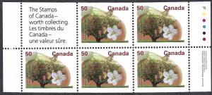 Canada #1365a 50¢ Snow Apple (1994). Pane of 5 stamps. Perf. 13 x 13. MNH