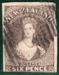 NEW ZEALAND QV CHALON SG.41 6d Black-Brown (1862) CLEAR PROFILE Used c£180-SBB13