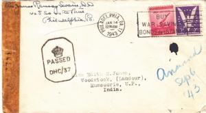 1943, Philadelphia, PA to Landour, India, Censored, See Remark (C2271)