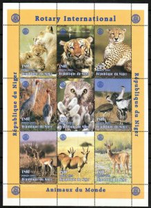 Niger Stamp 1003 - Rotary emblem and Lions, leopards, cranes, owls and antelopes