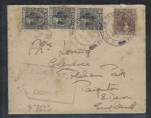 MALAYA PERAK (PP1709B) 1939 TANJONG MALIM CENSOR 1CX3+5C TO AUSTRALIA 