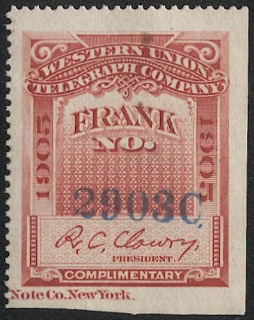 US 1905 Sc 16T36  MNH Western Union Telegraph Co. stamp, Serial #2903C, VF