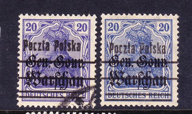 POLAND  1918-19  20pf  GERMAN OVPT BOTH SHADES  M&U  Sc 21/a