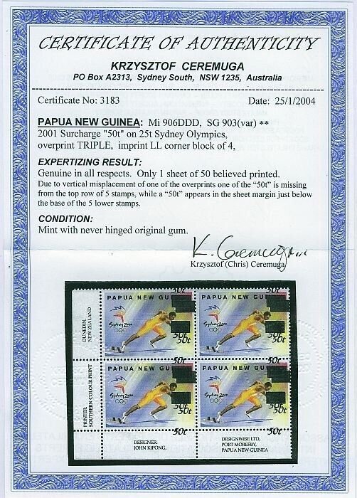 PAPUA NEW GUINEA 2001 50T/25T Olympics ERROR TRIPLE block MNH ** CERTIFICATE