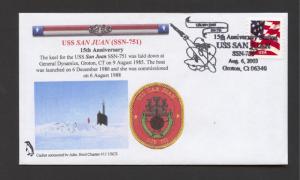 NAVAL COVER - USS SAN JUAN SSN-751 - 15th ANNIVERSARY OFCOMMISSIONING