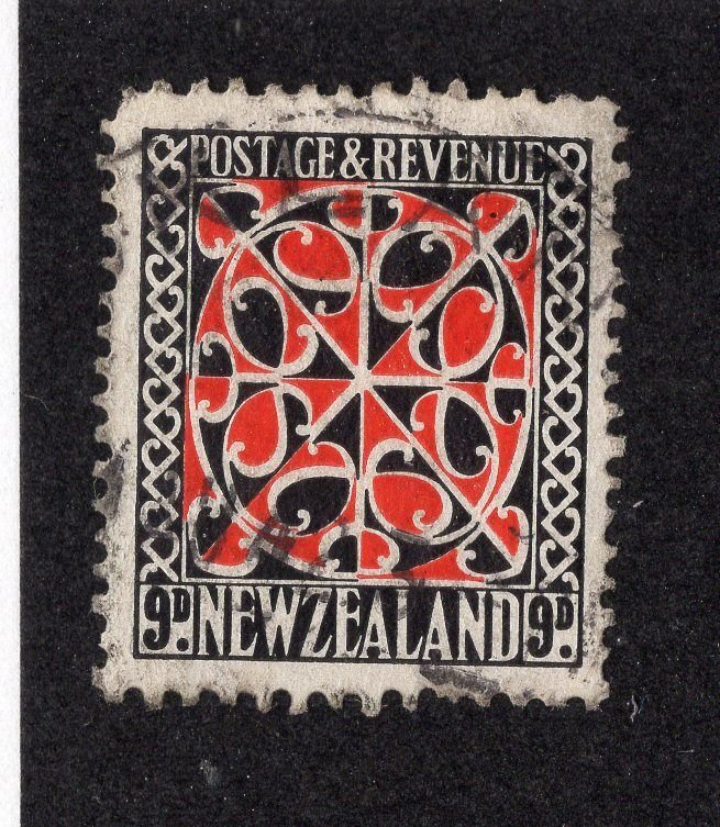 New Zealand 1936-42 9p gray & scarlet Panel, Scott 213 used, value = $4.00