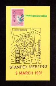 LUNDY: LUNDY STAMP + LCC CACHETS ON 1991 STAMPEX TICKET 