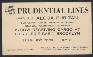 #UX27 shipper's card w SS Alcoa Puritan PRUDENTIAL LINES advertisement 1950 VF