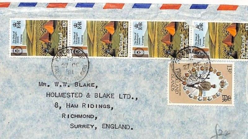 FALKLAND ISLANDS Commercial QUINTUPLE RATE Air Mail Cover Surrey 1981 SS243