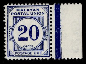 MALAYSIA - Malayan Postal Union QEII SG D21a, 20c deep blue, NH MINT.