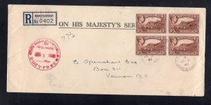 Montserrat 1941 G.P.O. Plymouth to Vernon, BC Registered Cover 4x3d, Scott 97a
