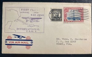 1929 San Juan PR USA First Fight airmail Cover FFC To Miami FL FAM 6