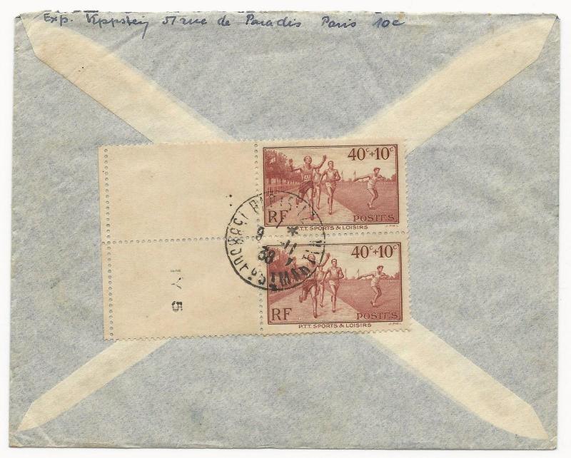 France Scott #B61 #B77 #B44 Pairs #B60 #B59 #B64 on Air Cover to Palestine 1938