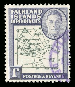 Falkland Is Dep 1946 KGVI 1d EXTRA ISLAND+GAP IN 80th PARALLEL vfu. SG G2a,G2aa.