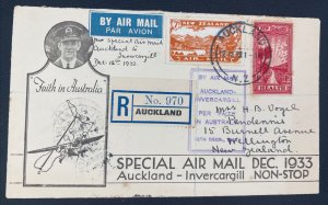 1933 Aukland New Zealand First Special airmail Cover FFC To Wellington Faith