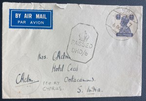 1942 Indian FPO R7 Cyprus Censored Airmail Cover To Ootacamand India