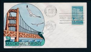 U.S. 1109 Wm. Wright hand painted FDC, Mackinac Bridge MI. Birds