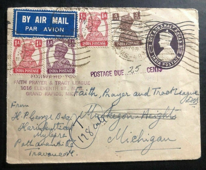 1948 Travancore India Airmail Postage Due Stationery Cover To Michigan USA