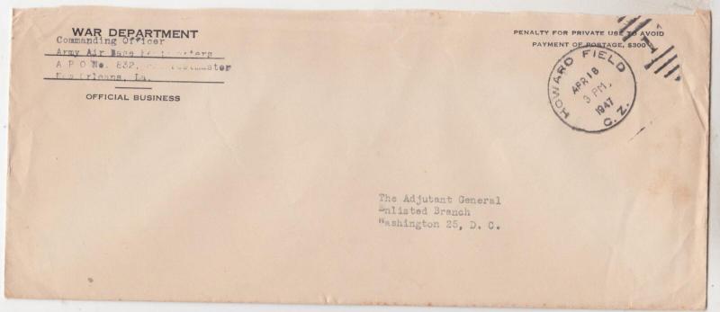 APO 832, HOWARD FIELD, CANAL ZONE, 1947 War Department Free cover.