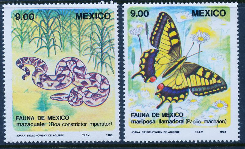 MEXICO 1326-1327 MEXICAN FAUNA BOA CONSCRIPTOR, BUTTERFLY MNH