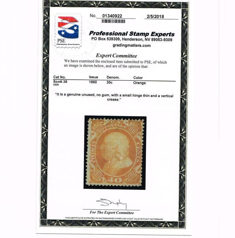 EXCEPTIONAL SCOTT #38 VF-XF MINT NG 1860 30¢ ORANGE PSE CERT 4 FULL MARGINS