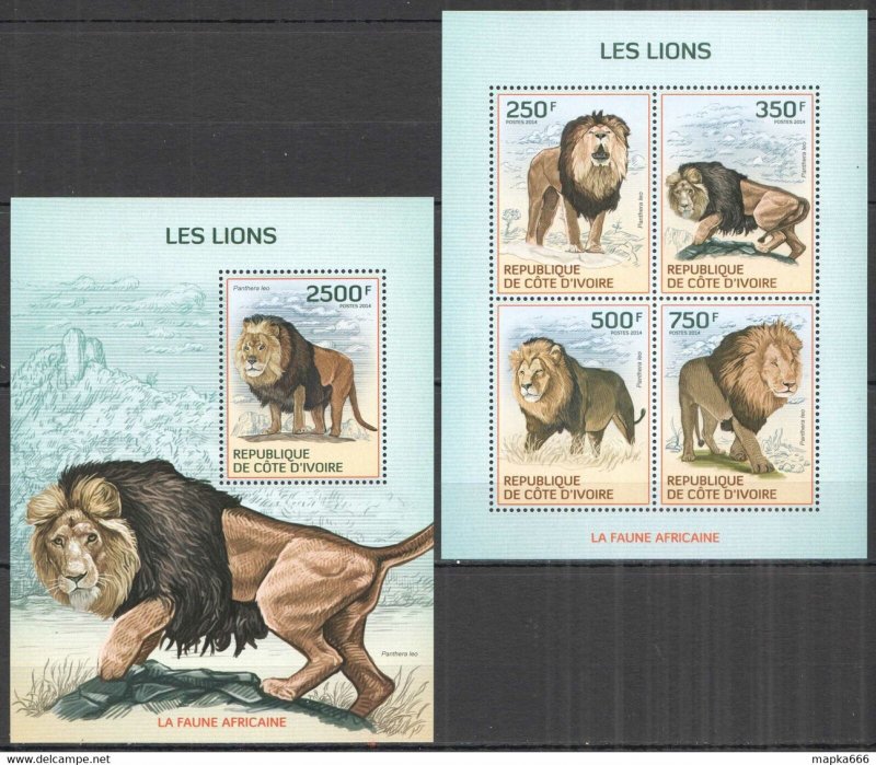 IC16 2014 IVORY COAST AFRICAN FAUNA LIONS WILD CATS ANIMALS #1599-2+BL207 MNH