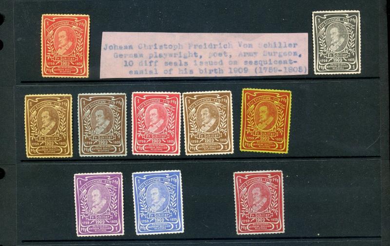 10 VINTAGE 1909 JOHANN FREIDRICH CHRIS. VON SCHILLER POSTER STAMPS L849 GERMANY