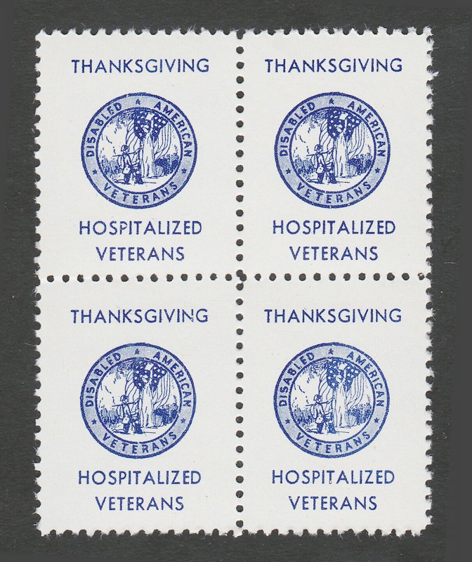 HOSPITALIZED VETERANS THANKSGIVING SEAL REKLAMEMARKE ⭐ BLOCK OF 4 ⭐ MNH-OG 1950S