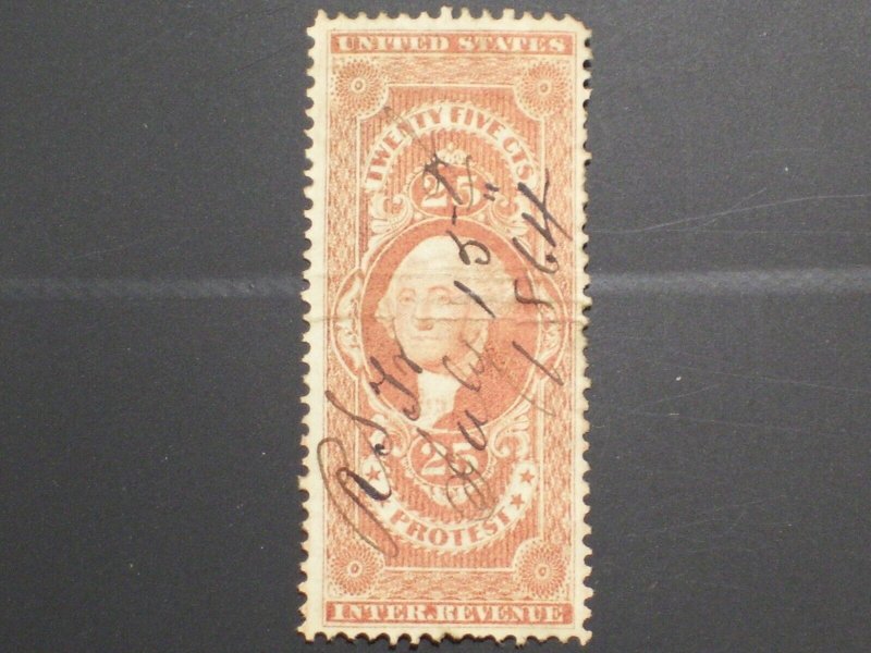 US Revenue Stamp Cat# R49c   25c Protest  -  Signature Cancel    Free Shipping